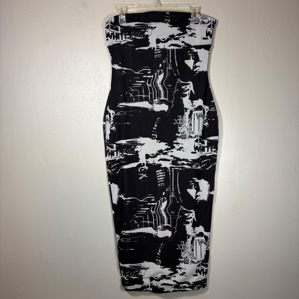White Fox Boutique Black White Graphic Print Strapless Bodycon Midi Dress